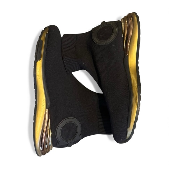Salvatore Ferragamo Gancini Black Gold Sock Sneakers 8 Shoes Holiday Gift Ready - Picture 5 of 8